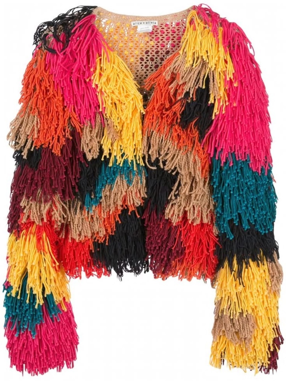 Alice + Olivia Fawn Rainbow Fringe Knit Jacket Shaggy Fringe Cardigan Festival